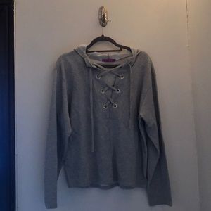 Gray Lace Up Hoodie Sweatshirt